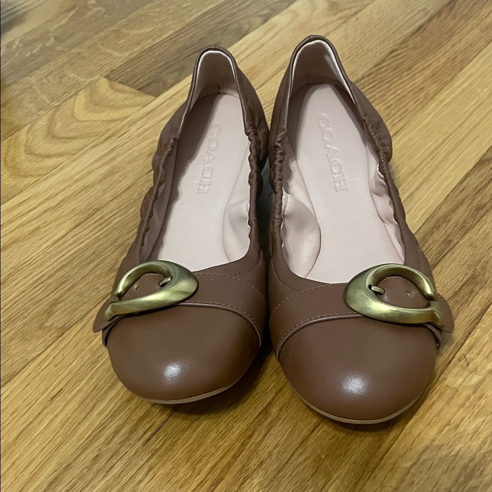 Coach Tan Leather Flats with Gold Buckle